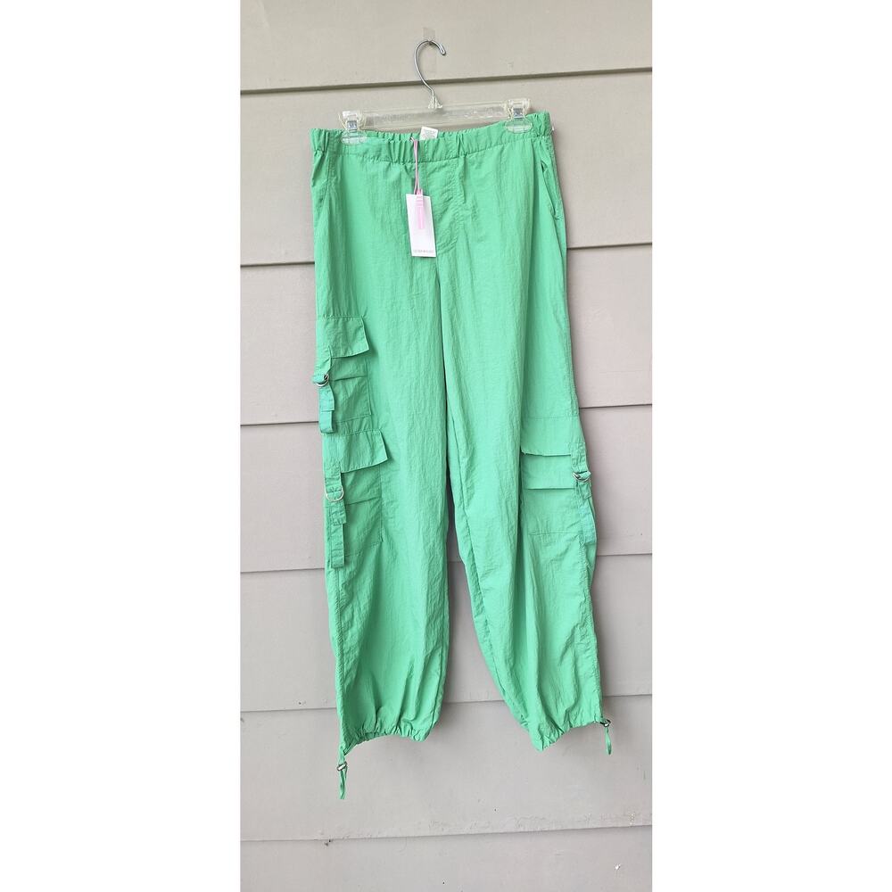 Women's Parachute Cargo Pants Baggy 90s Flap Pockets Nylon Green Size S Casual